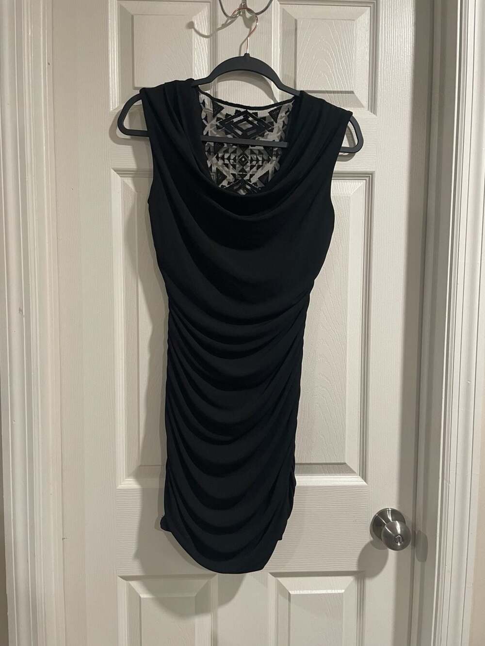 by & by Black Ruched Dress with Geometric Lace Back, Size M